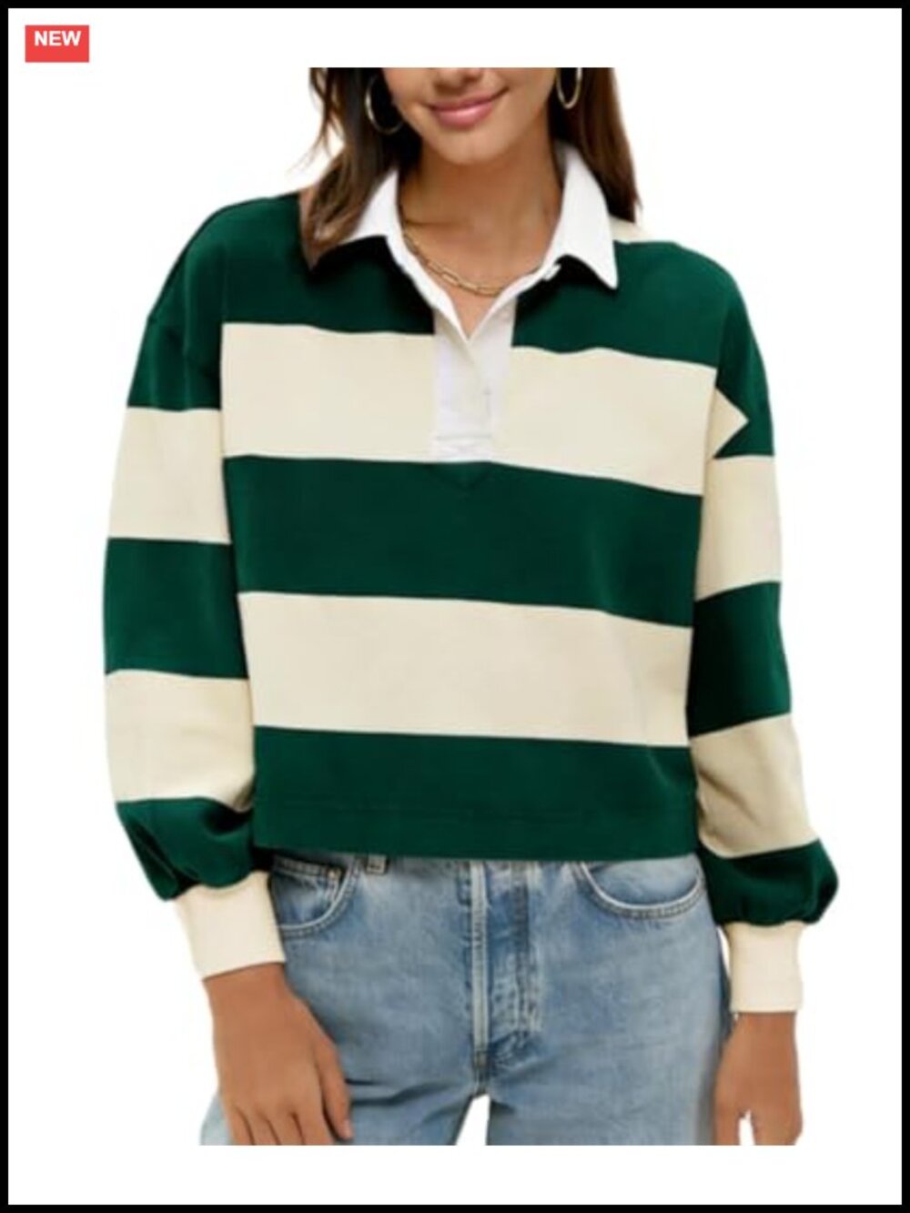 Women's Rugby Shirt Striped Long Sleeve Button Polo